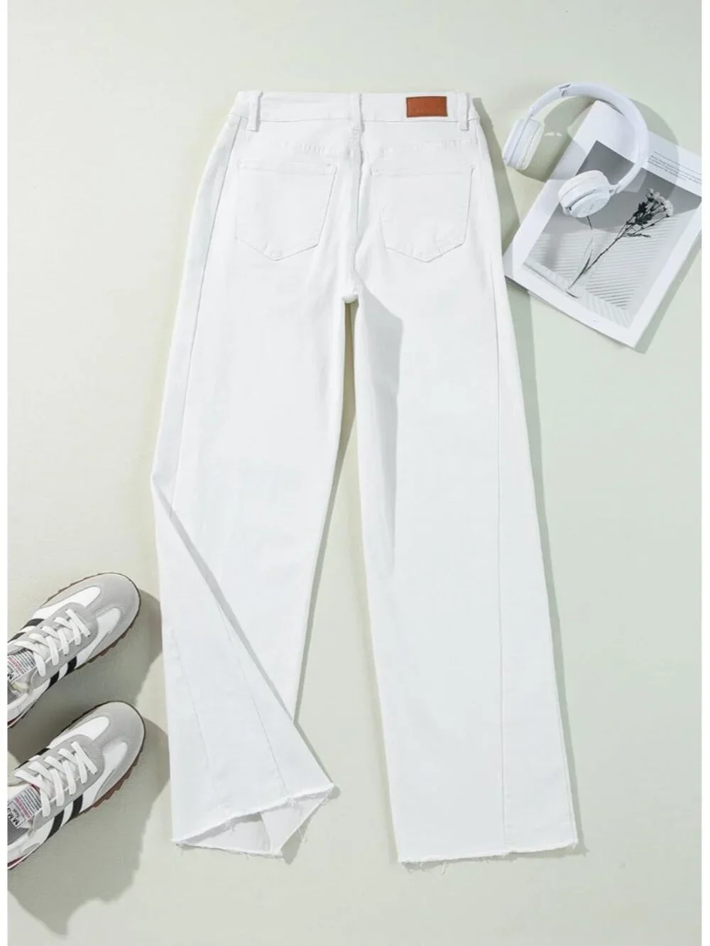 〽️ Women White High Waist Wide Leg Jeans Stretch Raw Hem Denim Zimbaplatinum